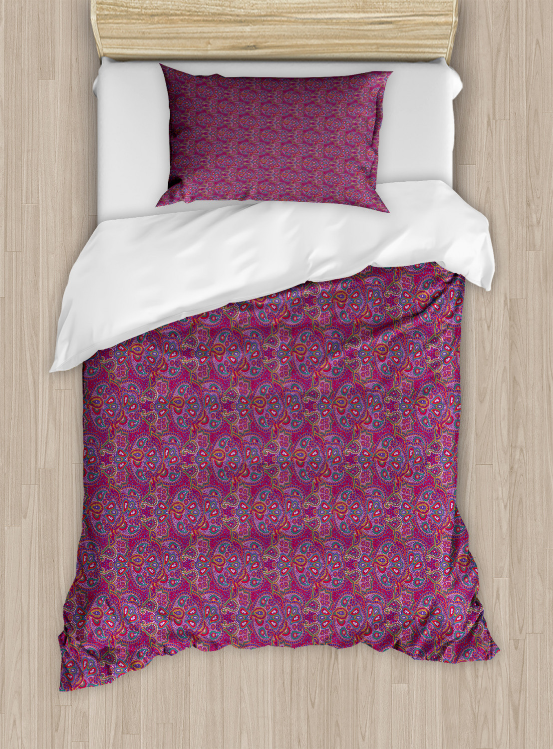 Purple Hippie Duvet Cover Set, Illustration of Colorful Paisley Design