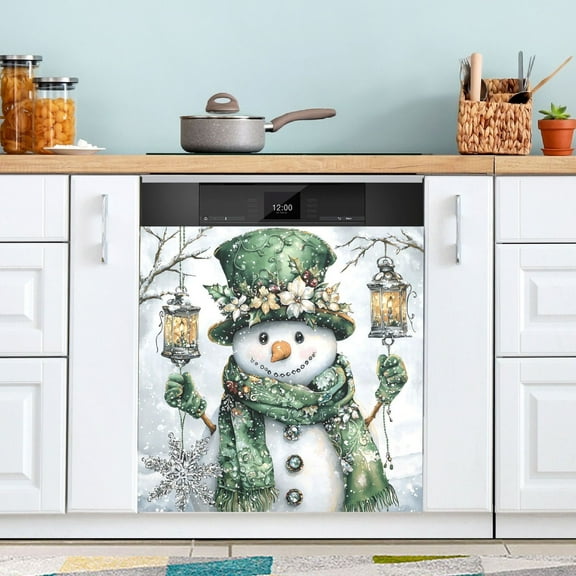 Snowman Dressed Green Dishwasher Magnet Cover Magnetic Fridge Door Cover Home Kitchen Decor 23"x 26"