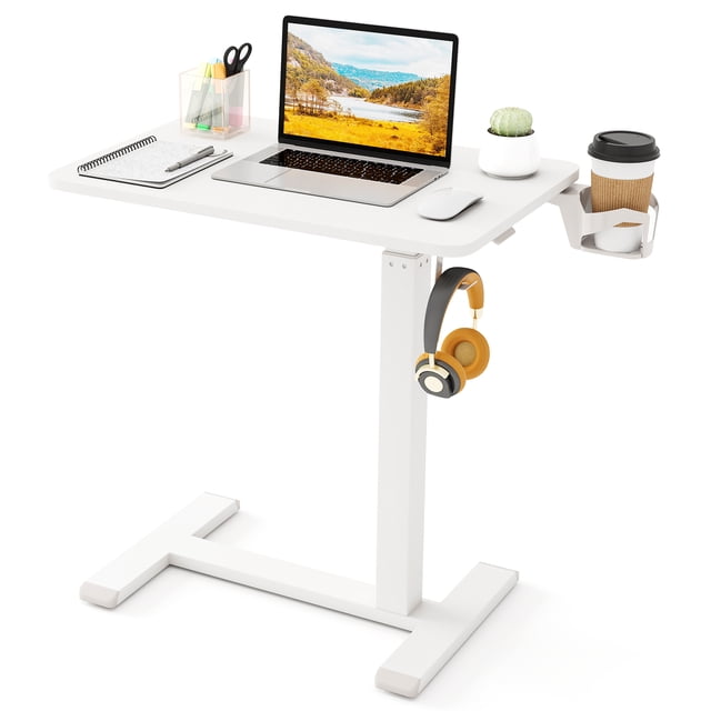 Patiojoy Bureau Debout Mobile à Hauteur Réglable Pneumatique, Bureau Roulant avec Porte-Gobelet et Crochet pour Écouteurs, Table au-Dessus du Lit avec Roues Dissimulées, Blanc