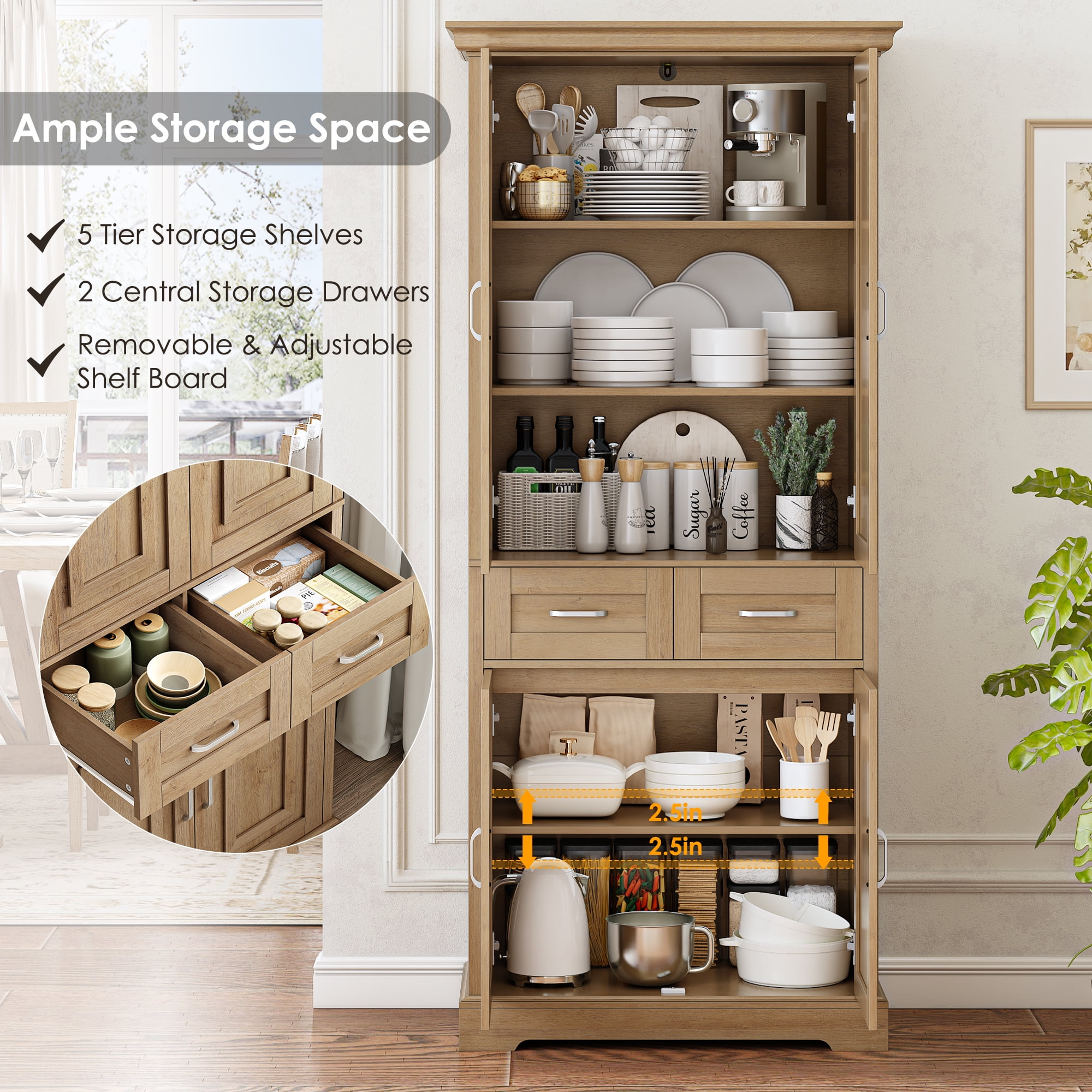 Homfa 70.9'' Tall Kitchen Pantry with 4 Doors, 2 Drawer Modern Freestanding Storage Cabinet for Dining Room Living Room, Nature Wood