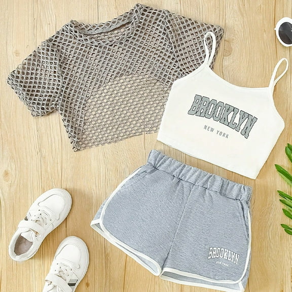 GBSYEWXS Outfits Sets For Child Girls Cool Breathable Letter Print Mesh Shirts With Shorts Short Sleeve Grey Outfit Set Size 5 Years-6 Years