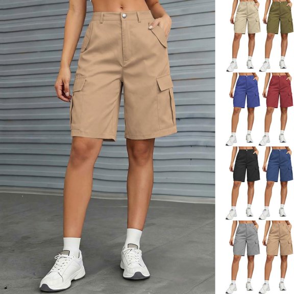HBBIKVI Cargo Flat Front Shorts for Women Streetwear Outdoor Shorts With Snap Zipper Multi-Pocket Adjustable Waist Relaxed Fit Rigid Waist for Outdoor Vacation
