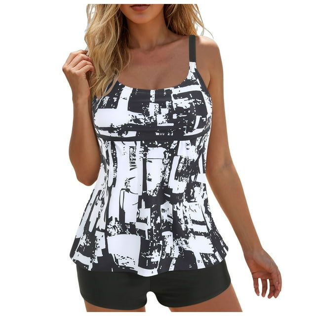 adviicd Summer Tankini Swimsuits for Women Women Plus Size Tankini Swimsuits Tummy Control Two Piece Bathing Suit Ruffled Flounce Swimwear with Shorts(Black,XXXXL)