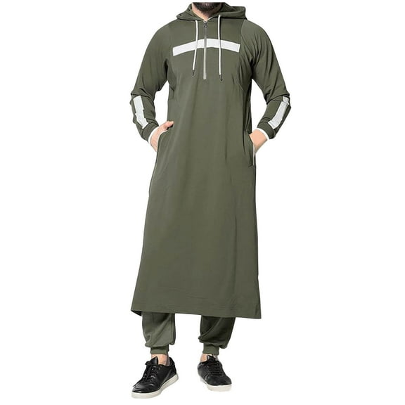 Men's White Muslim Jubba Thobe Long Sleeve Hood Kaftan Long Robe Islam Clothing Army Green L