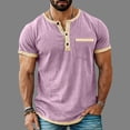 thumbnail image 4 of hlysgo Henley Shirts for Men Big and Tall Color Block Short Sleeve Linen Men Shirt with Chest Pocket Summer Casual 3 Button Henley T-shirts Purple,Size XXXXL, 4 of 6