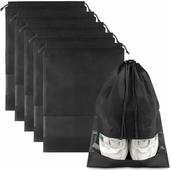 Haimei Large Black Travel Shoe Bags, 5 Pack Non-Woven Drawstring Pouch with Clear Window, 12.6" x 17.3" Storage Bag for Men and Women