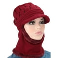 thumbnail image 3 of Spencer Womens Bib Beanie Hat One-Piece Scarf Mask Set Winter Warm Fleece Lined Knit Hat Neck Warmer Circle Scarf, Wine Red, 3 of 6