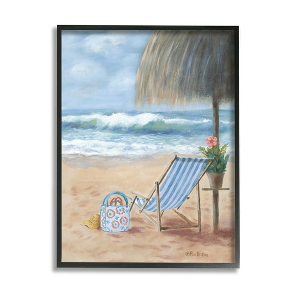 Stupell Beach Chair Tropical Relaxing Vacation Landscape Painting Black Framed Art Print Wall Art