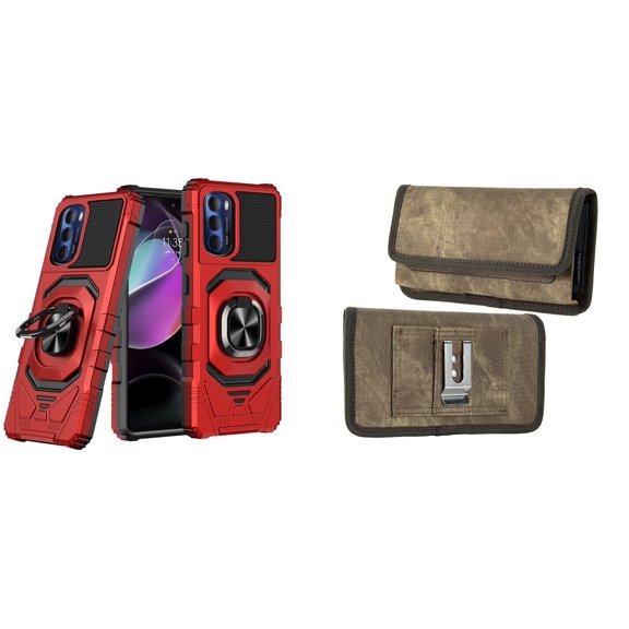 Case with Belt Holster Bundle for Moto G Stylus 5G 2022: Heavy Duty Shield Cover (Red) and Rugged Denim Nylon Phone Pouch (Tan Brown)