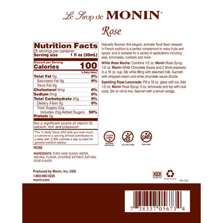 Monin - Rose Syrup, Elegant and Subtle, Great for Cocktails, Mocktails, and Soda, Gluten-Free, Non-GMO (750 ml, 25.4 fl.oz)
