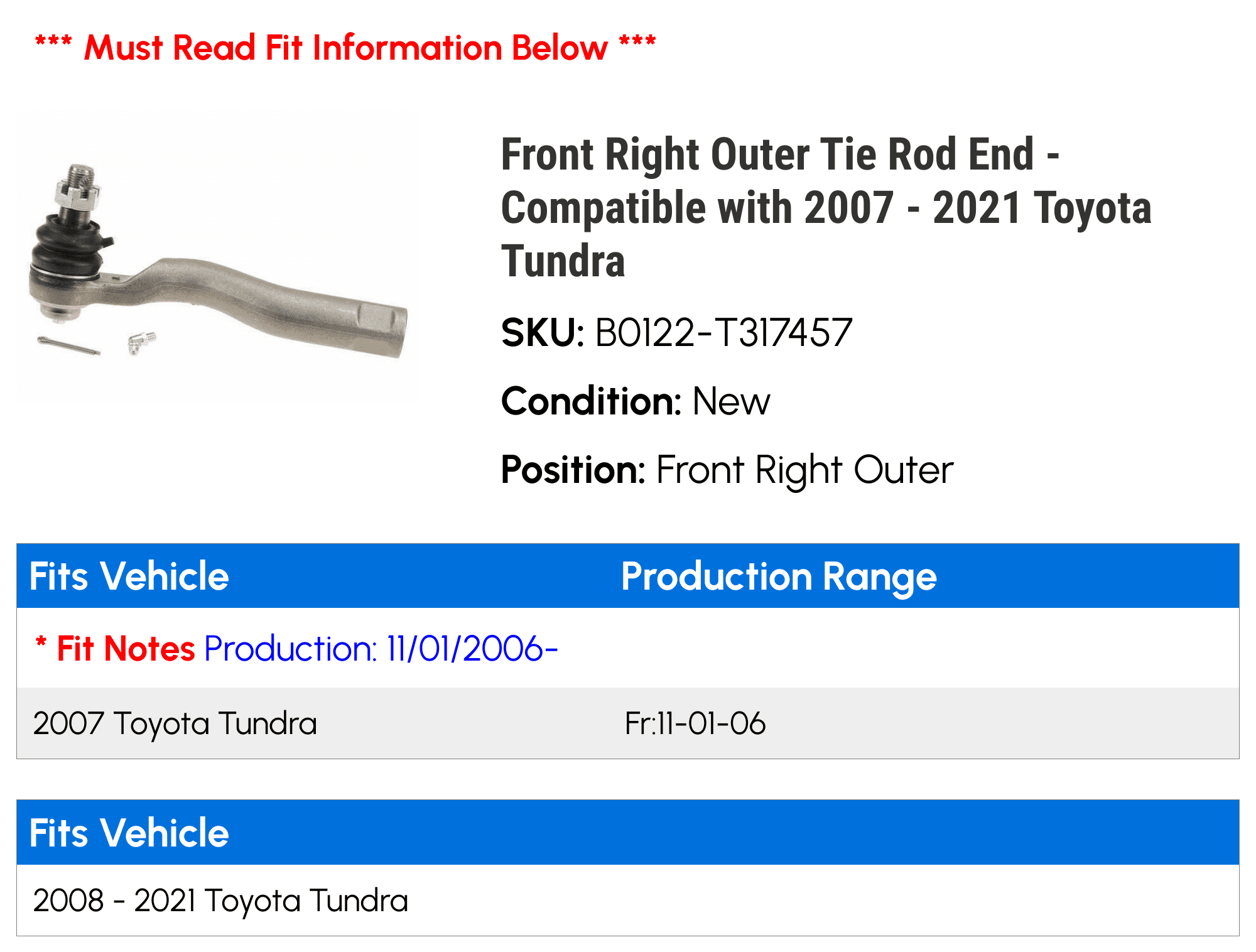 Front Right Outer Tie Rod End - Compatible with 2007 - 2021 Toyota Tundra 2008 2009 2010 2011 2012 2013 2014 2015 2016 2017 2018 2019 2020