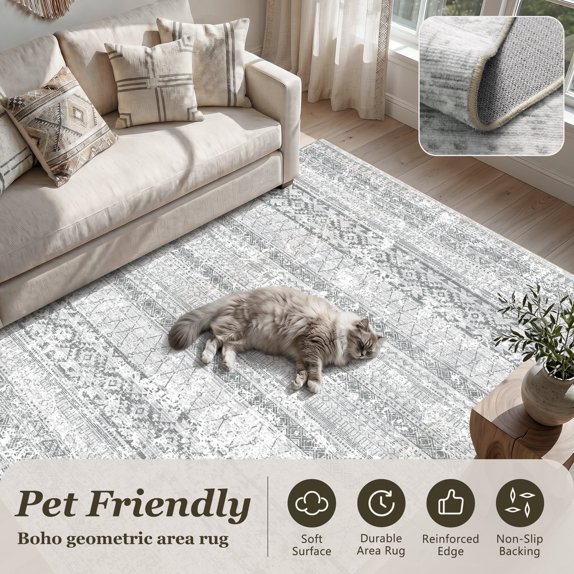 SIXHOME 5'x8' Area Rugs for Living Room Washable Rugs Boho Geometric Living Room Rug Moroccan Neutral Carpet Non Slip Soft Distressed Rugs for Bedroom Dining Room Office Modern Home Decor Gray