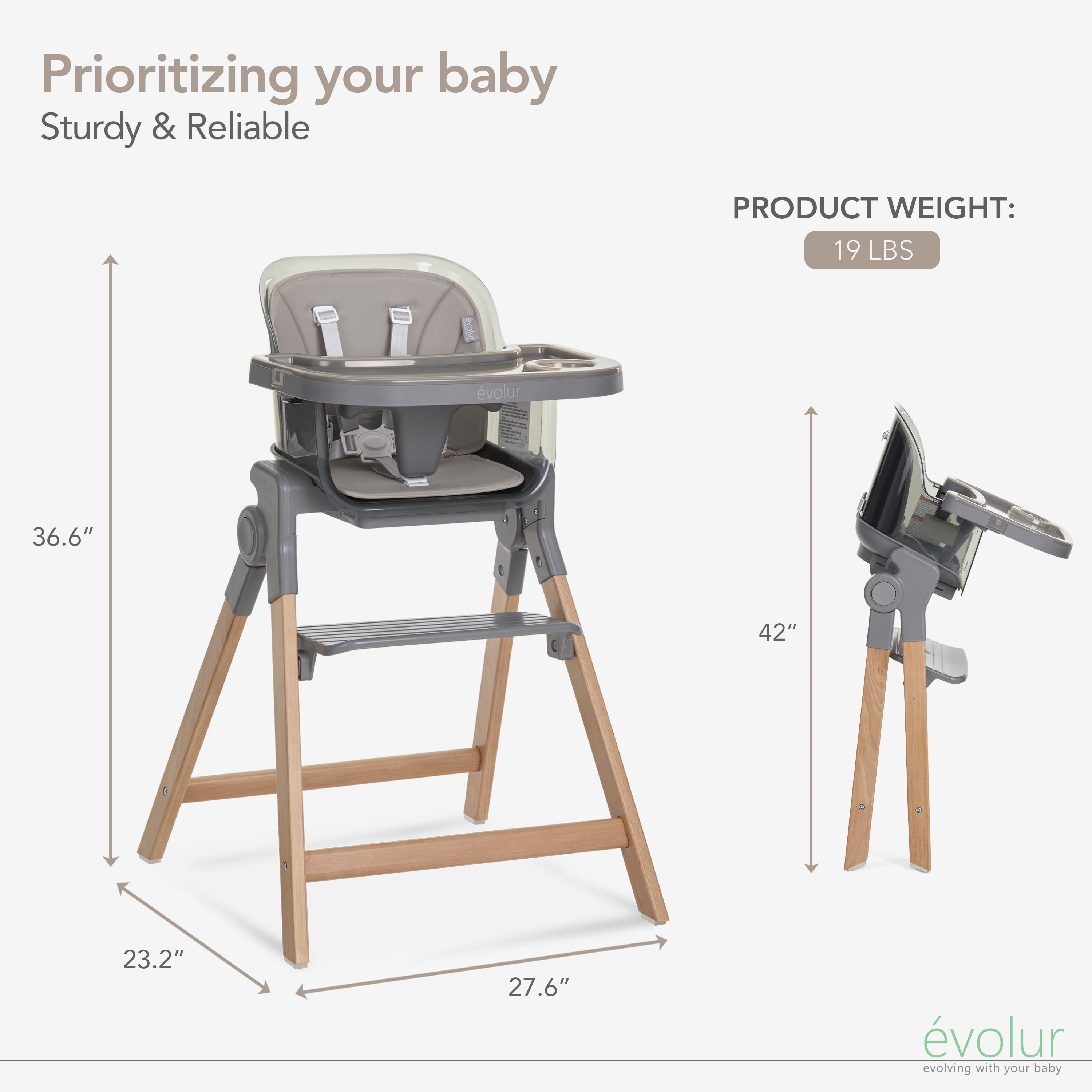 Evolur Tiny Throne 2-in-1 Portable High chair in Fossil Gray, Baby High Chair Converts into Booster Seat & Adult Stool, Removable Tray and Easy To Clean