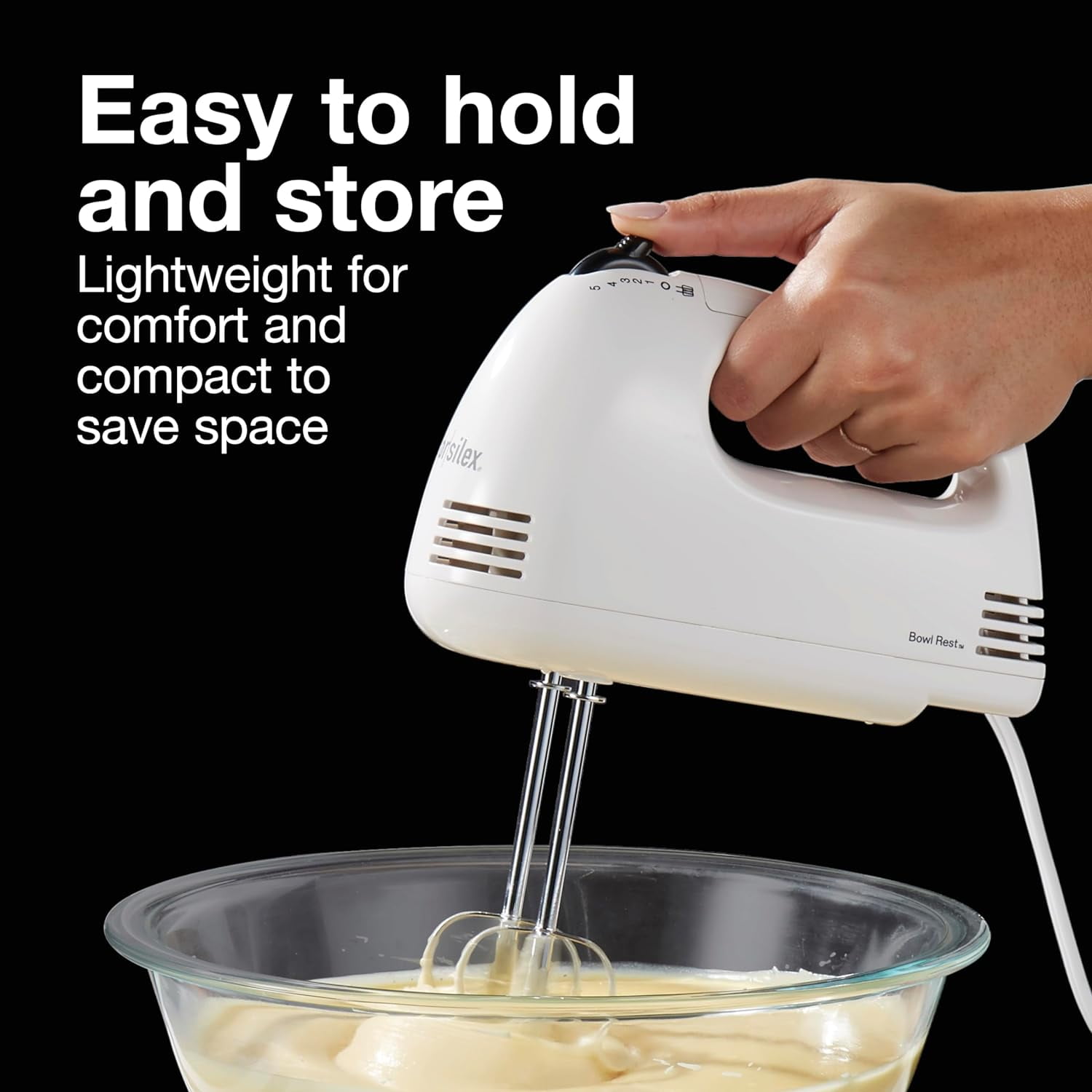 Easy Mix 5-Speed Electric Hand Mixer with Bowl Rest, Compact and Lightweight, 100 Watts of Peak Power, White (62515PS)