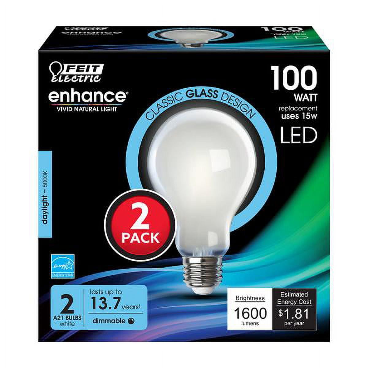 1 PC Feit Enhance A21 E26 (Medium) Filament LED Bulb Daylight 100 Watt Equivalence 2 pk