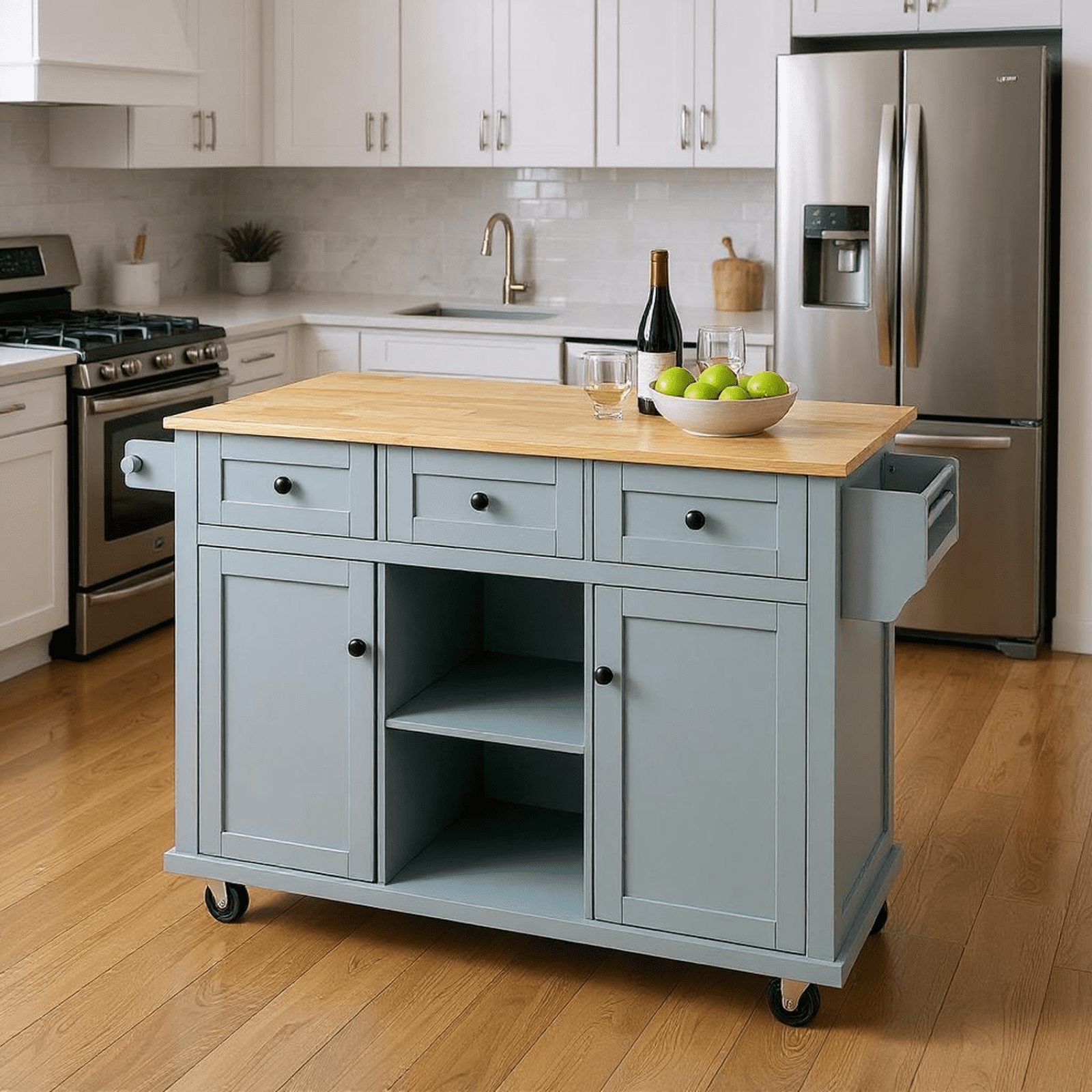 Homy Casa Rolling Kitchen Island with Drop Leaf, Storage Drawers, Spice Rack & Wheels, Dusty Blue