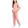 thumbnail image 2 of Asxite Girls Summer Outfits Casual Solid Short Sleeve Round Neck Tee Pants Set 2 Piece, 2 of 7