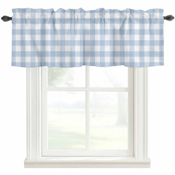 Light Blue Plaid Rod Pocket Curtain Valance, Modern Minimalist Country Farmhouse Window Valance for Living Room, Bedroom, Kitchen 42"W x 12"L