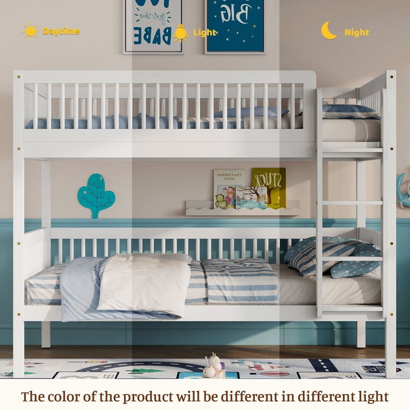 Twin-Over-Twin Size Convertible Kids Bunk Bed into 2 Platform Beds, Teens Wood Bed Frame with Ladder and Safety Guardrails