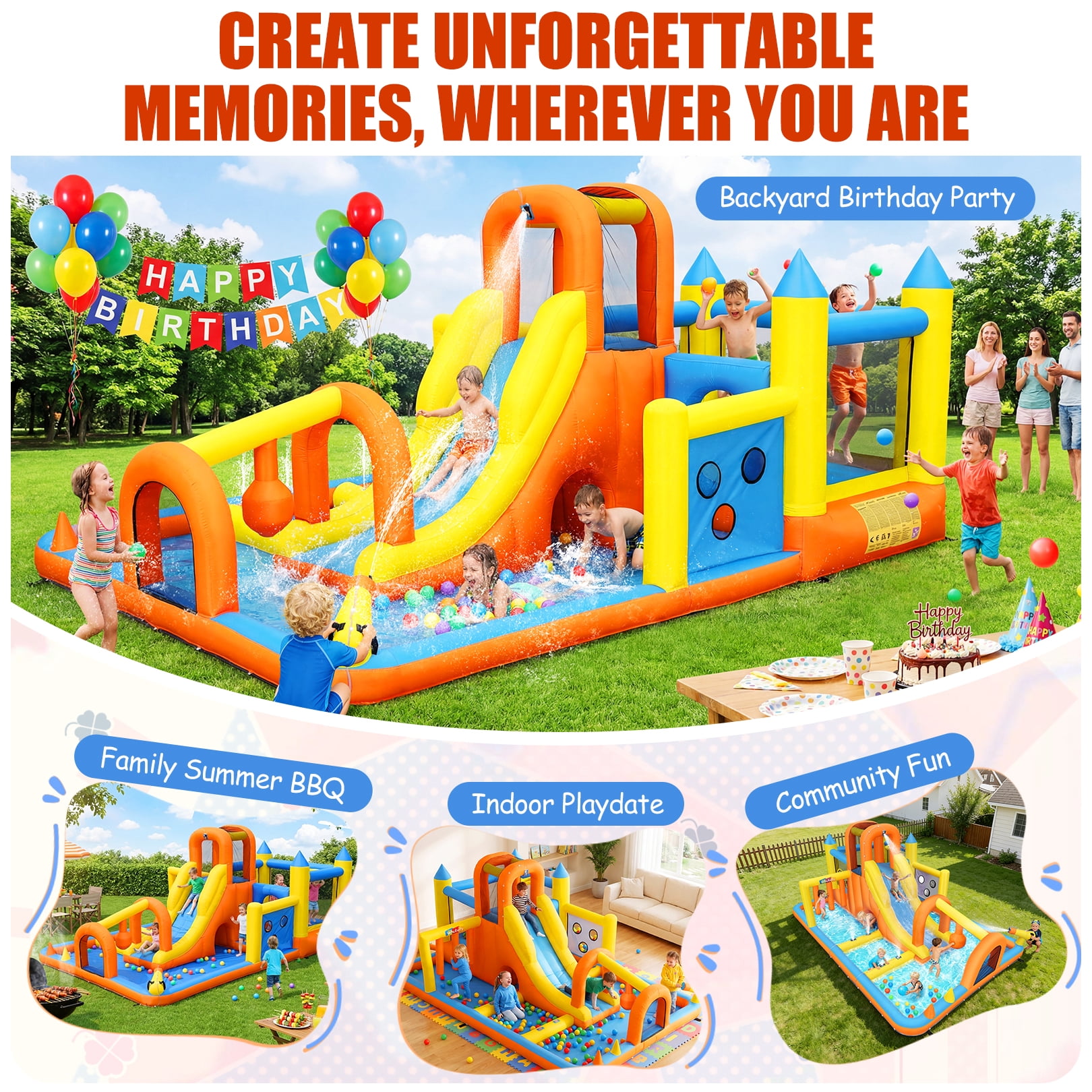 Veeboto Bounce House with 550W Blower, Inflatable Water Slide with Bounce Area, Slide, Pool, Basketball Hoop, Obstacle Poles, Ball Net, Water Cannon, Indoor & Outdoor Bounce Castle for Ages 3-12