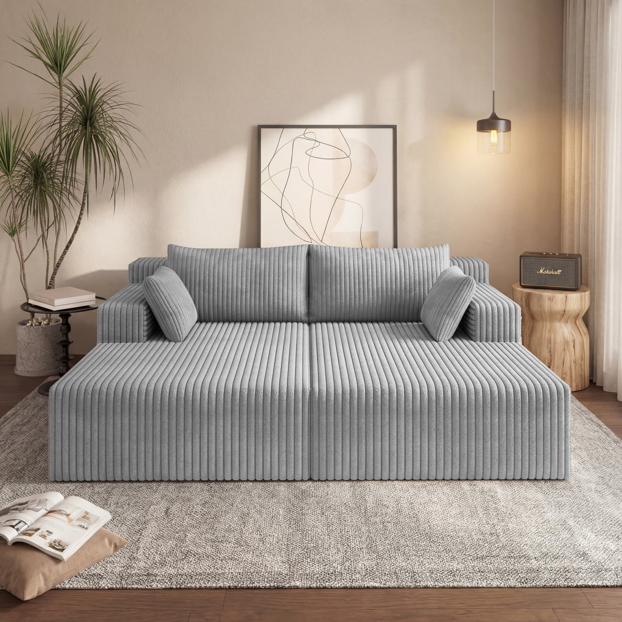 HOQBN 71" Oversized Double Chaise Lounges Indoor,Upholstered Corduroy Boneless Couch with 4 Pillows,Reading Lazy Cloud Plush Sofa Bed for Living Room, Bedroom,No Assembly,Antique Gray
