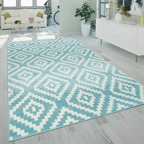Modern Low-Pile Rug Geometric Moroccan Design in Pastel Colors in Blue - 2'4" x 4'7" (2'x4')