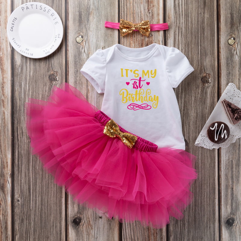 First 1st Birthday Outfit Toddler Baby Girl Tutu Skirt Dress Cake Smash Headband 