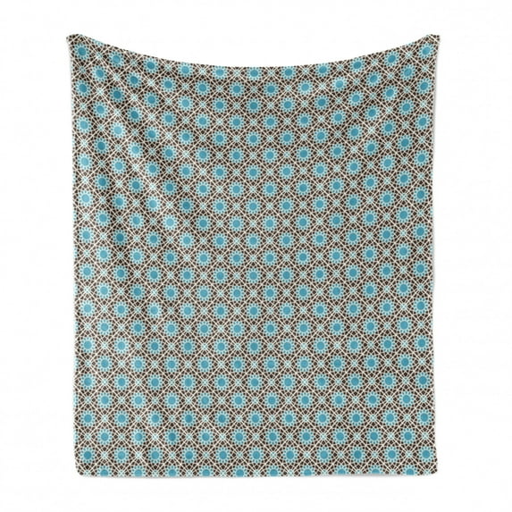 Ethnic Soft Flannel Fleece Blanket, Traditional Mosaic Ottoman Effects Along Oriental Moroccan Symmetric Theme, Cozy Plush for Indoor and Outdoor Use, 50" x 60", Brown and Azure Blue, by Ambesonne