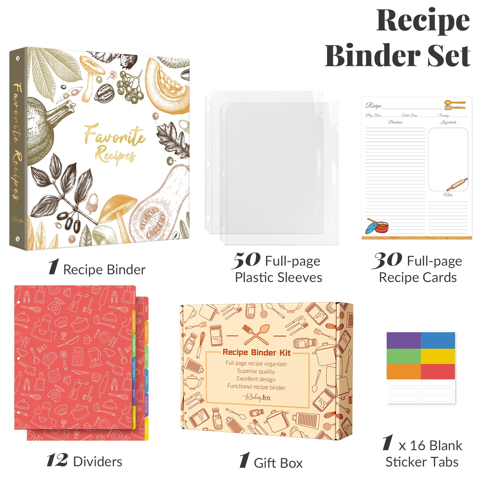 Recipe Binder 8.5x11 3 Ring with Plastic Sleeves & 30 Blank Full-Page Recipe Cards, Cookbook Binder to Write in Your Own Recipes (Color Veggies)