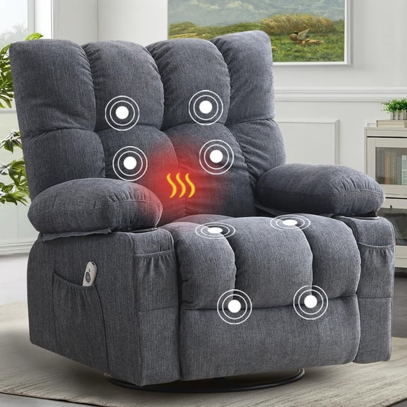 UNBRAND Massage Recliner Chair, Swivel and Rocking Recliner with Heat and Vibration, Breathable Fabric Ergonomic Single Sofa Chair for Living Room with Cup Holders, Side Pockets