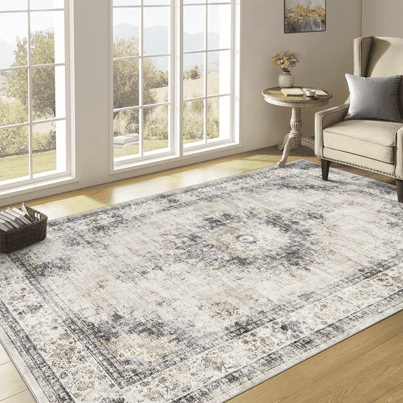 Washable Area Rugs for Living Room, Vintage Medallion Floor Carpet with Non-Slip Backing, Low Pile Floor Mat for Home Office Bedroom Dining