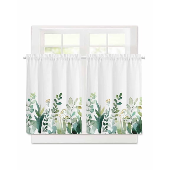 Sage Green Leaves Short Blackout Curtains 24 Inch Long Spring Plant Watercolor INS Style Rod Pocket Kitchen Curtains, 2 Panels Thermal Insulated Darkening Drapes for Bedroom, 30"W x36"L