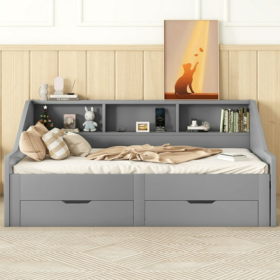 BARONAGE Twin to King Size Daybed Frame, Storage Bookcases and Two Drawers, Charging Design, Gray
