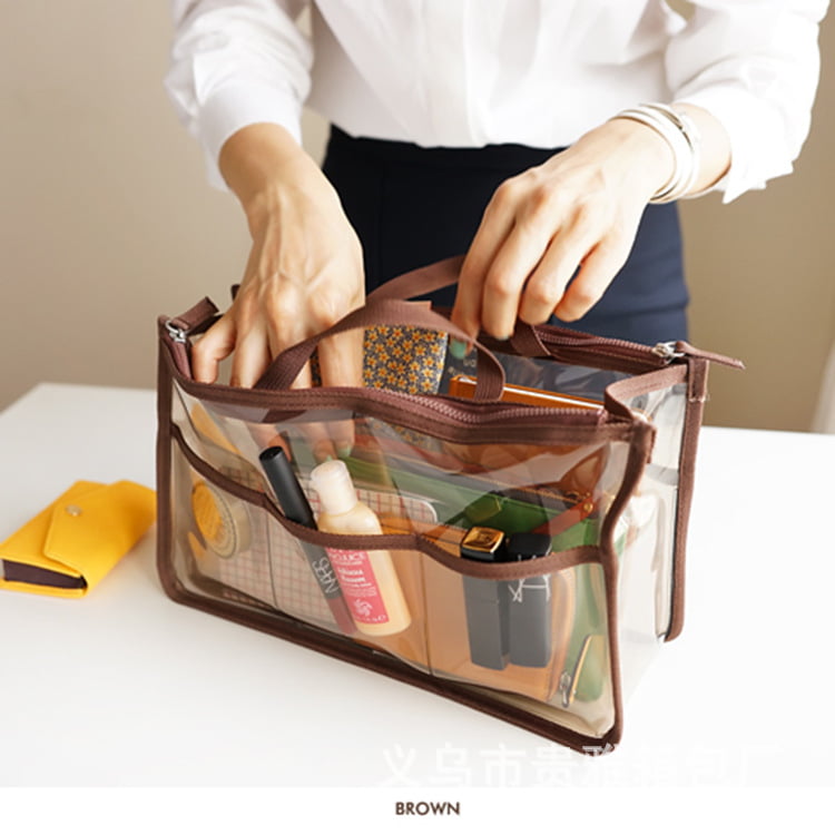 5 Pack Clear Handbag Organizer Cosmetic Insert Purse Organizer Transparent Makeup Travel Pouch Liner with Handle Brown