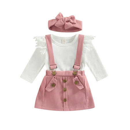 

Infant Girls Summer 3Pcs Outfit Sets Ruffle Short Sleeve Ribbed Romper + Suspender Skirt + Headband