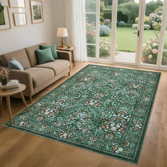 Garvee 5'x7' Farmhouse Floral Area Rug Washable Rug with Non Slip TPR Backing, Soft Boho Rug Vintage Botanical Print Carpet for Living Room Bedroom Home Office, Dark Green
