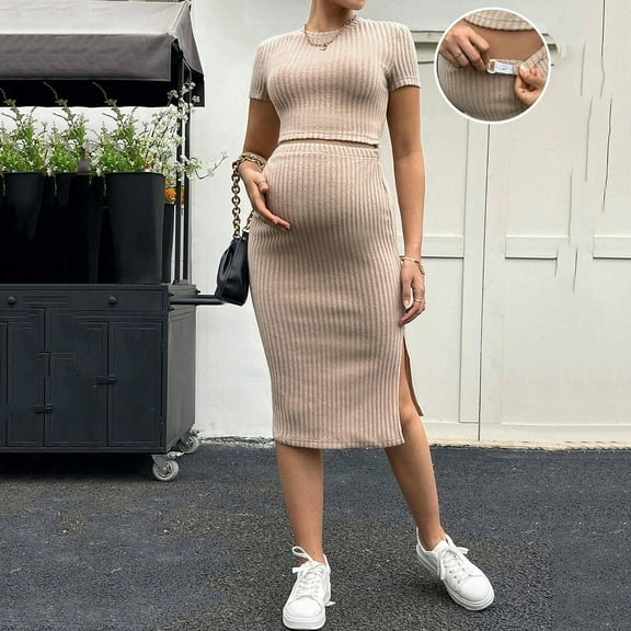 Delliss Women's Maternity Two Piece Ribbed Knitted Short Sleeve Crop Top Side Slit Skirt Bodycon Set Trendy Slim Fit Clothes