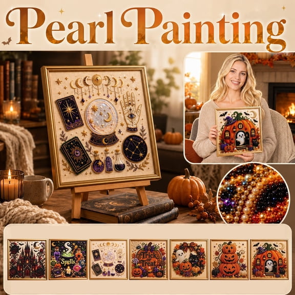 Halloween Pearl Painting Kit with Gold Frame, Wall Art for Home Decor for Halloween Party, Hanging Halloween Decorations Diy Kit