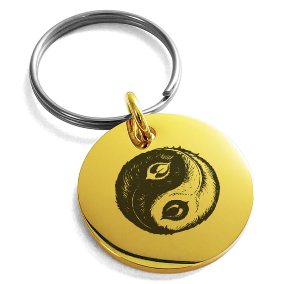 Stainless Steel Peacock Feather Yin Yang Engraved Small Medallion Circle Charm Keychain Keyring