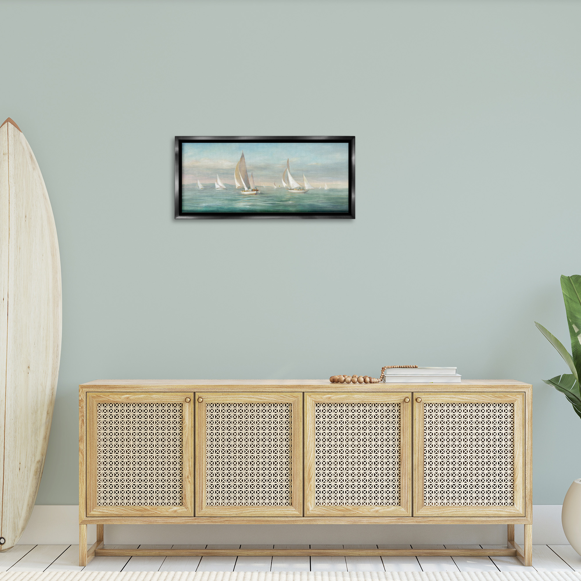 Stupell Industries Sailboat Fleet Ocean Waves Transportation Painting Black Floater Framed Canvas Art Print Wall Art, 31 x 14