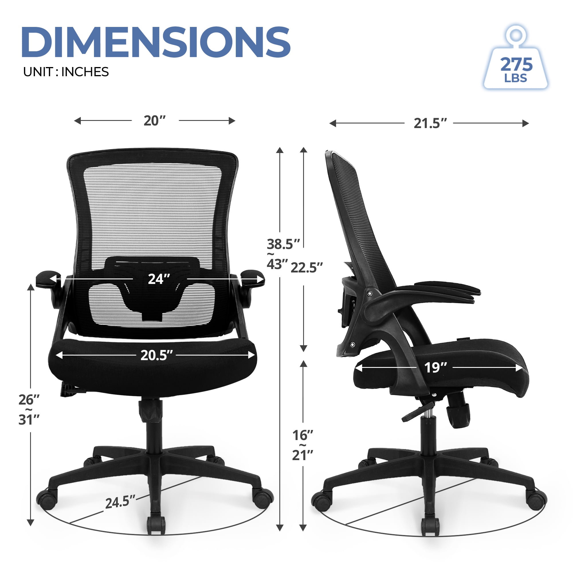CELTOSS Ergonomic Office Chair, Wide Seat with Flip-Up Armrests, Lumbar Support, Adjustable Height, Comfy Home Task Computer Chair, Black