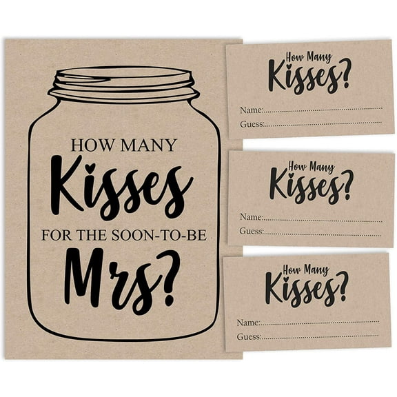 Inkdotpot How Many Kisses For The Soon To Be Mrs Rustic Kraft Mason Jar Beige 1 Sign   30 Cards Bridal Shower Game