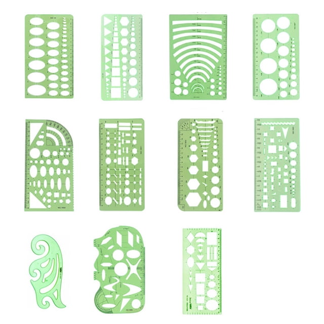 Juego de herramientas de dibujo para arquitectos y constructores, plantillas de plástico transparente verde de elección profesional, juego de 11 plantillas precisas para oficina, estudio de arte,