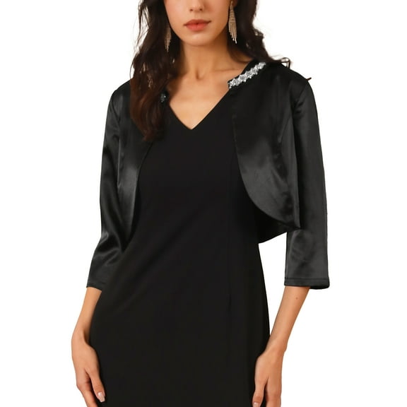 INSPIRE CHIC Women's Satin Shrugs 3/4 Sleeve Open Front Elegant Cropped Bolero Cardigans XL Black