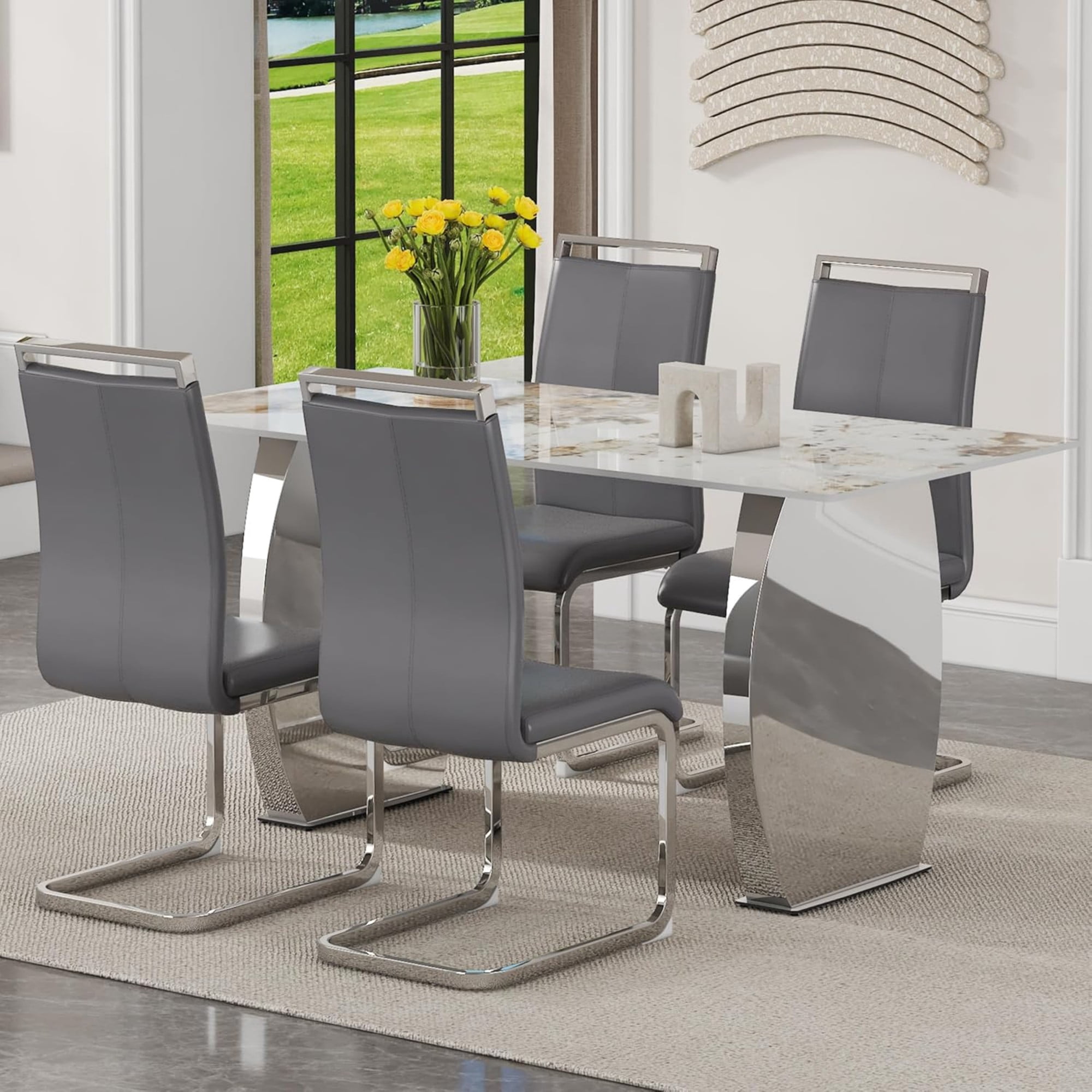 SUDICA Dining Side Chairs Set of 2 Dark Gray PU Leather Upholstered with Chrome Metal Legs for Kitchen Dining Room