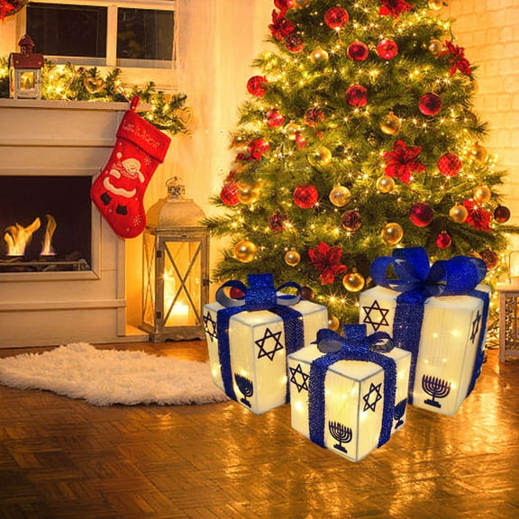 Eespoir Christmas Light Gift Box, 3 Piece Set Christmas LED Light, Christmas White and Blue Gift Boxes Decor for Chanukah Party Table Centerpieces Yard Christmas Tree Ornaments