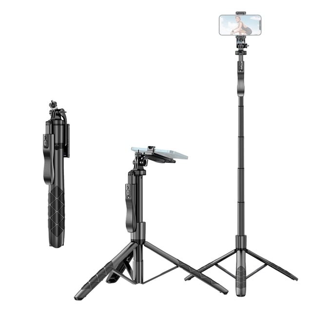 60-Inch Multi-function Selfie Stick Desktop Tripod with 6-Section Telescoping Rod Rotatable Ball Head with Anti-shake Handle Phone Clip 1/4in Adapter & Remote Control Compatible with Android