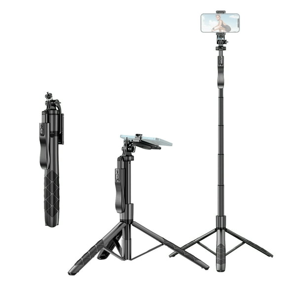 Perche à Selfie Multifonction 60 Pouces Trépied de Bureau avec Tige Télescopique 6 Sections Tête Rotative à 360° avec Poignée Anti-Secousse Clip Téléphone Adaptateur 1/4 Po & Télécommande Compatible avec Android 4.4/