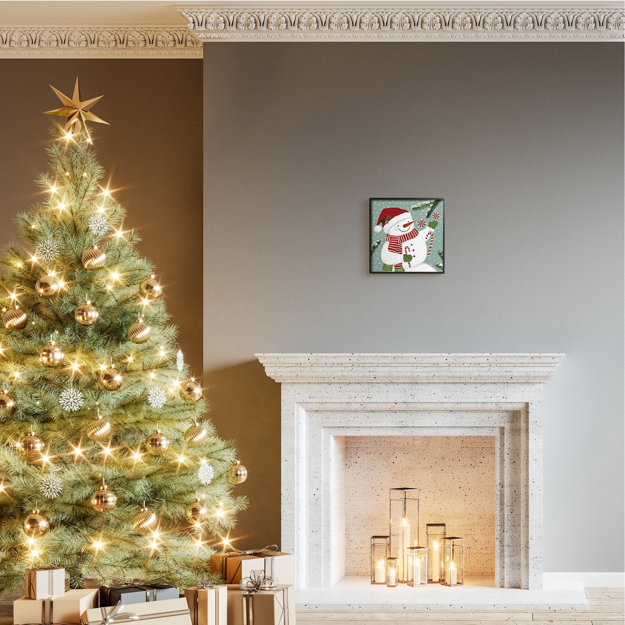 Stupell Industries Candy Cane Snowman Peppermint Winter Ornaments Holiday Painting Black Framed Art Print Wall Art, 12 x 12