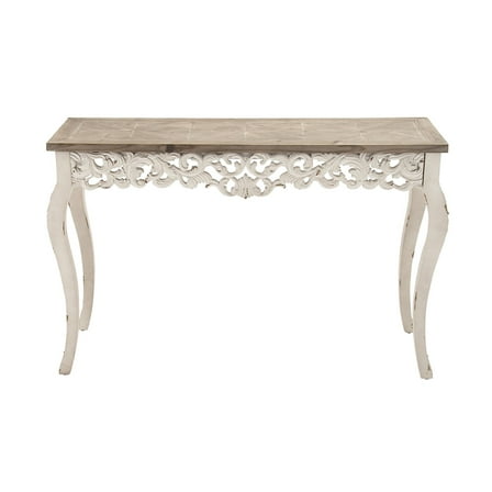 DecMode 46" x 30" White Wood Intricately Carved Scroll Console Table with Brown Wood Top, 1-Piece